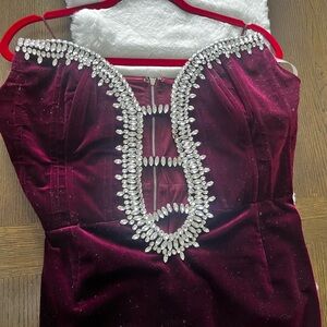 AKIRA Burgundy Strapless Dress with Silver Embellishments